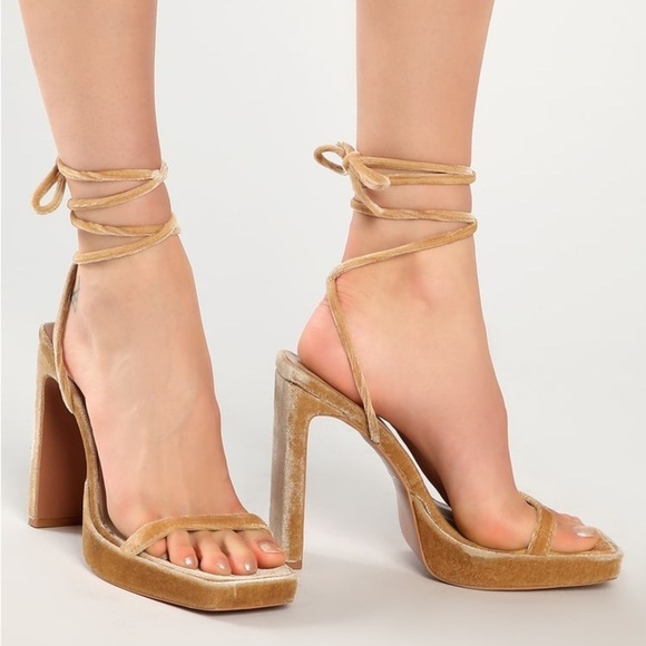 Lulus Guesty Champagne Velvet Lace-Up High Heel Sandals 7.5 - Picture 1 of 9
